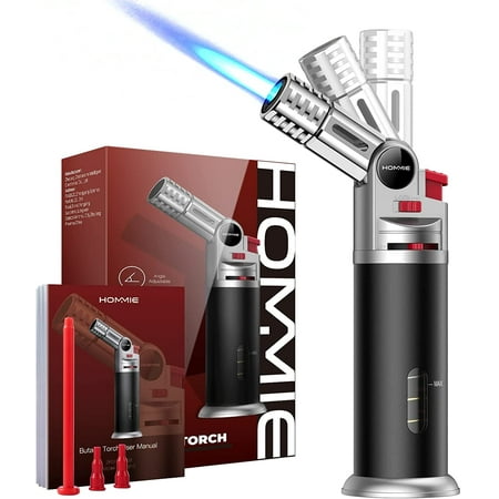Hommie Butane Torch Lighter, Adjustable Flame and Safety Lock, Refillable, for Kitchen Outdoor Use Black