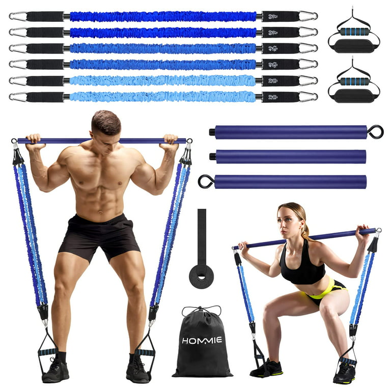 Hommie Pilates Bar Kit, Home Gym Bar Kit with 6 Resistance Bands 20/40/60  lb, Blue 