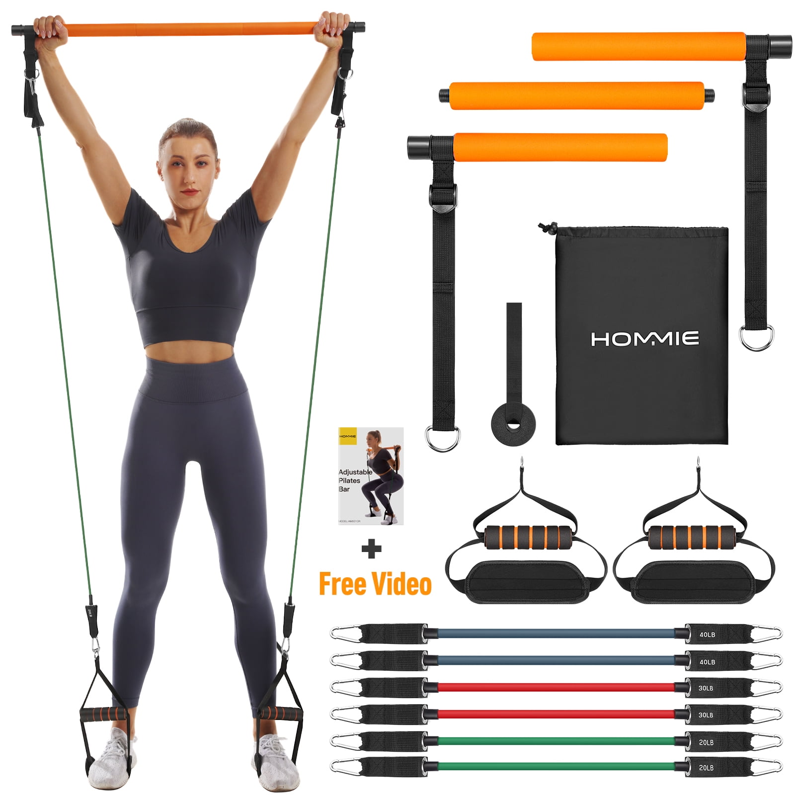 Hommie Yoga Kit, Pilates Bar Sets with Resistance Bands, Fitness