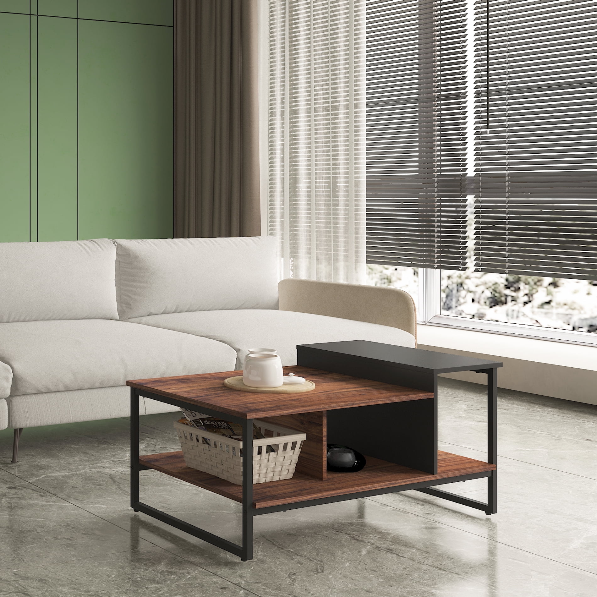 Hommoi Modern Wood and Metal Coffee Table with Storage, Black/Brown