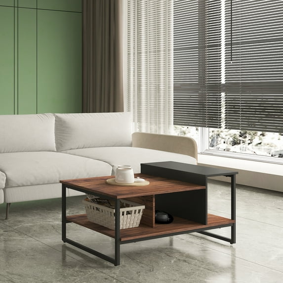 Hommoi Modern Wood and Metal Coffee Table with Storage, Black/Brown