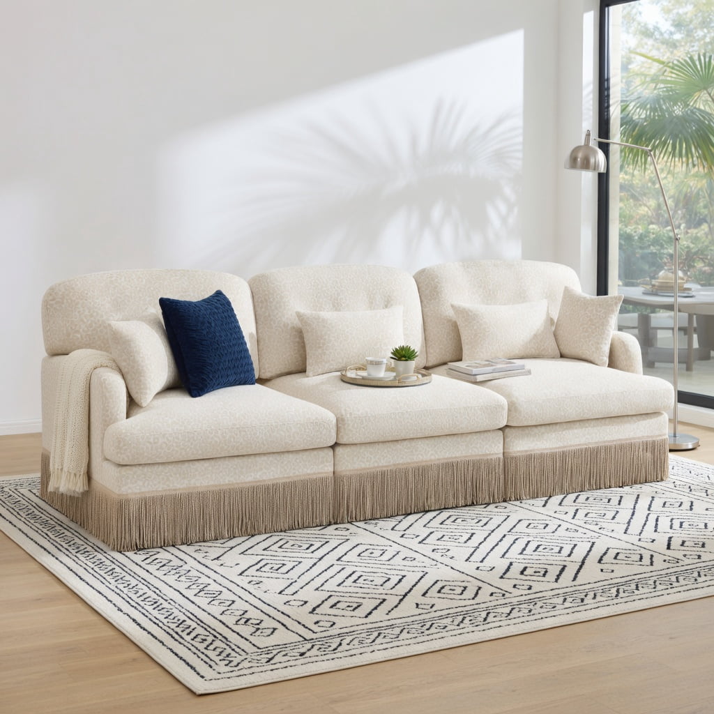 Hommoo 100" Leopard Print Chenille 3-Seat Modular Sectional Sofa, Tassel-Trimmed, Ergonomic Deep Seat Design, Easy Assembly Living Room Couch, Beige