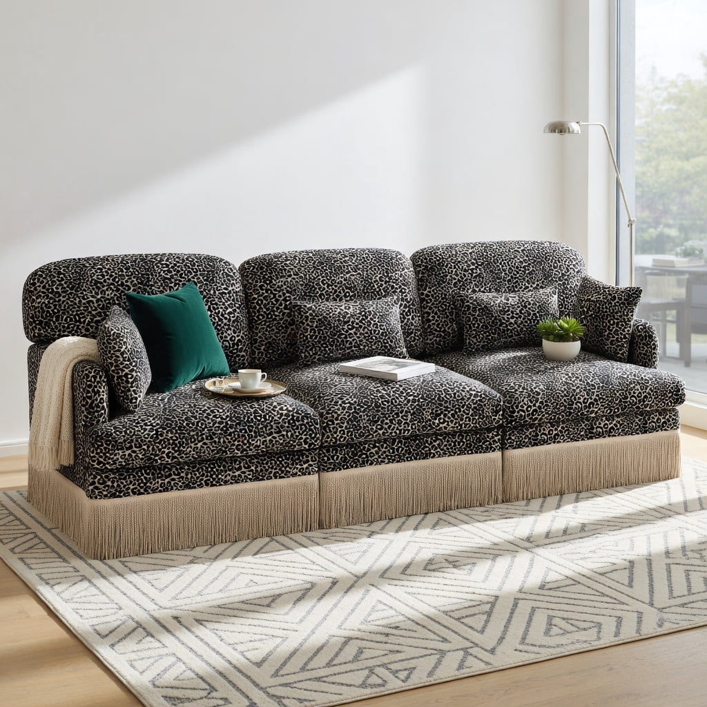 Hommoo 100" Leopard Print Chenille 3-Seater Modular Sectional Sofa, Tassel-Trimmed, Deep Seat, Ergonomic Support, Easy Snap-Together Assembly for Modern Living Rooms, khaki