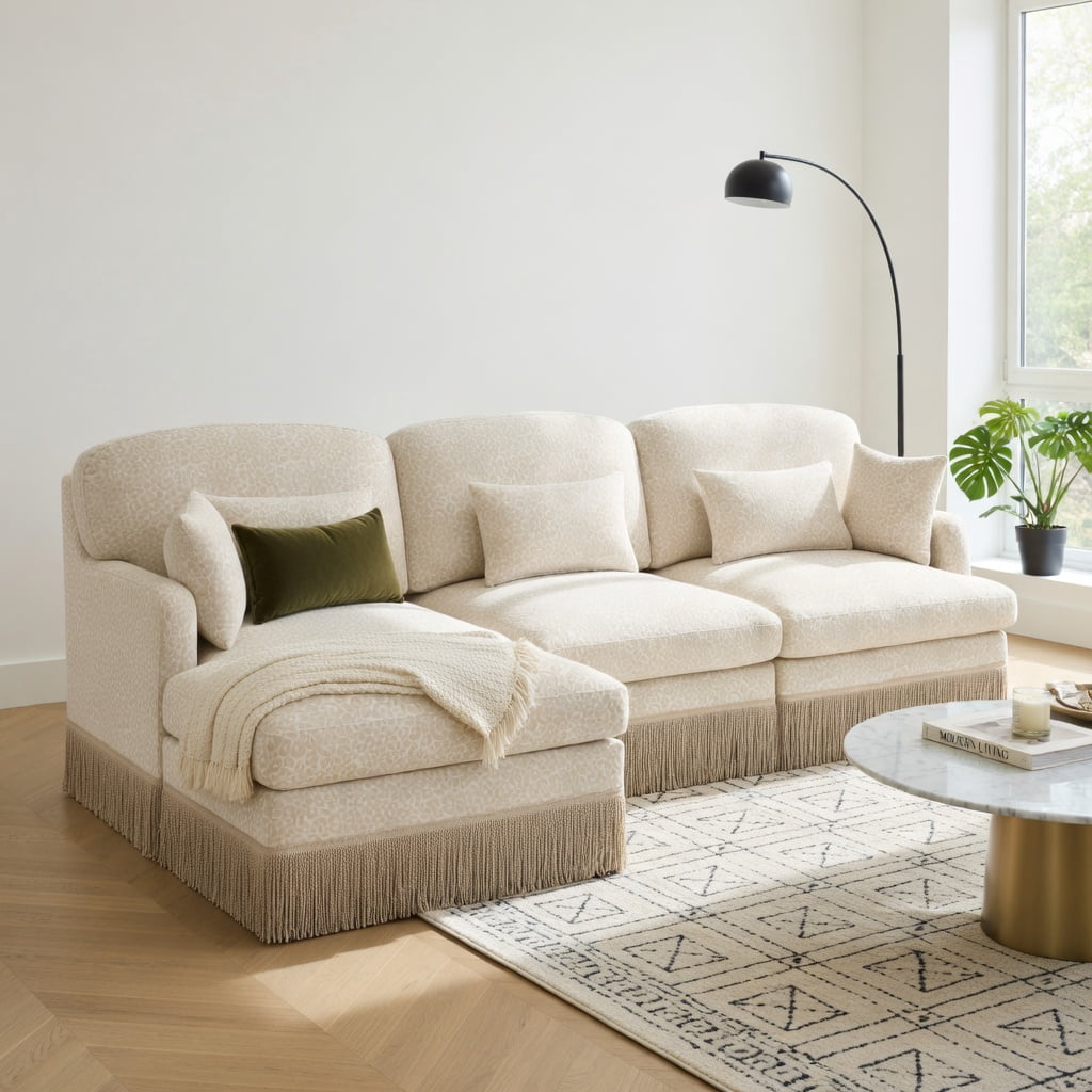 Hommoo 100" Leopard Print Chenille L-Shaped Sofa Set with Movable Ottoman, Tassel Trim & Ergonomic Deep Seat, Modern Living Room Sectional, Beige