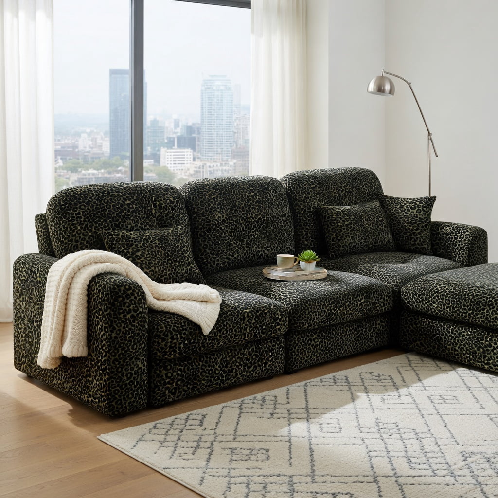 Hommoo 100" Modern Leopard Print Chenille 3-Seat Modular Sectional Sofa, Deep Seat Design with Tassel Trim, Ergonomic Support & Easy Tool-Free Assembly, Green Black