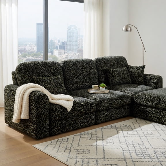 Hommoo 100" Modern Leopard Print Chenille 3-Seat Modular Sectional Sofa, Deep Seat Design with Tassel Trim, Ergonomic Support & Easy Tool-Free Assembly, Green Black