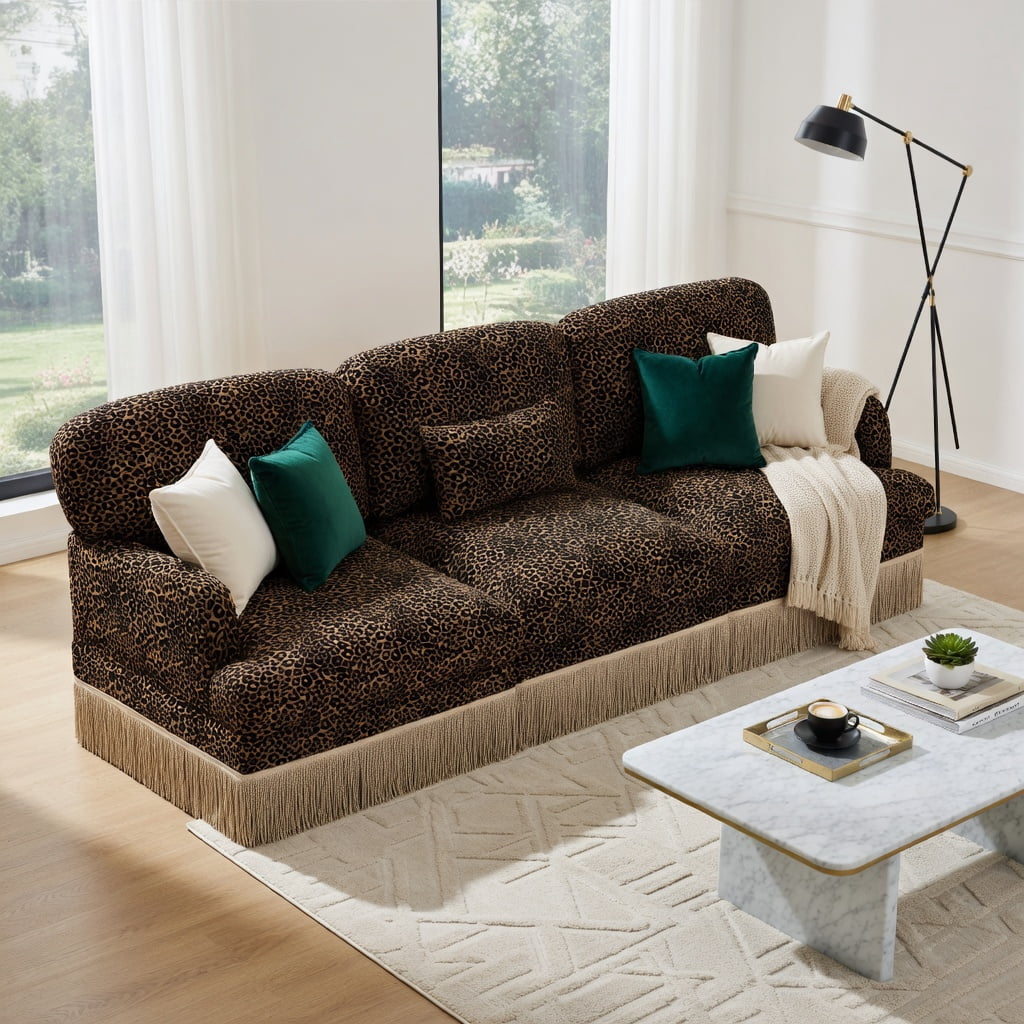 Hommoo 100" Modern Leopard Print Chenille 3-Seat Modular Sectional Sofa with Tassel Trim, Ergonomic Deep Seat & Easy Snap-Together Assembly, Brown