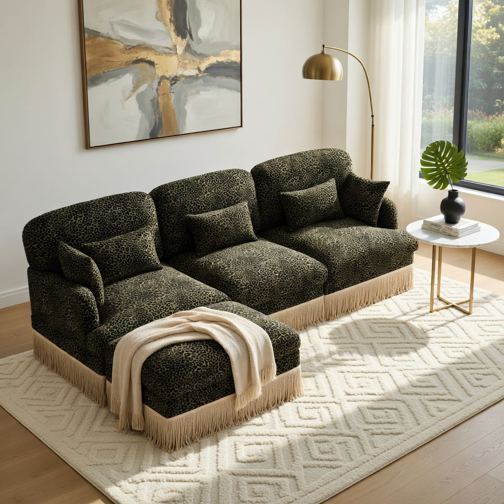 Hommoo 100" Modern Leopard Print Chenille L-Shaped Sofa Set with Movable Ottoman, Deep Seat & Tassel Trim, Easy Assembly, Ergonomic Support for Living Room, Green Black