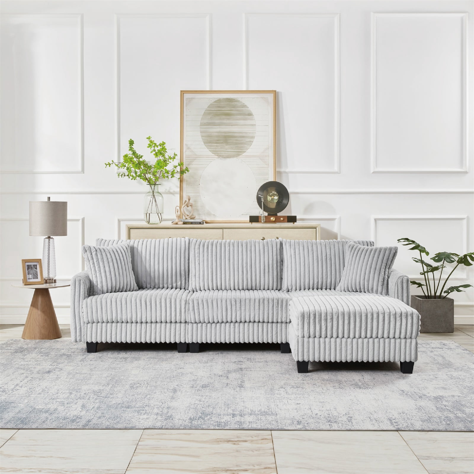Hommoo 100-inch Corduroy Fabric L-shaped Sectional Sofa, 3 Seats Corner Sofa Set with Ottoman & Side Bag, Gray
