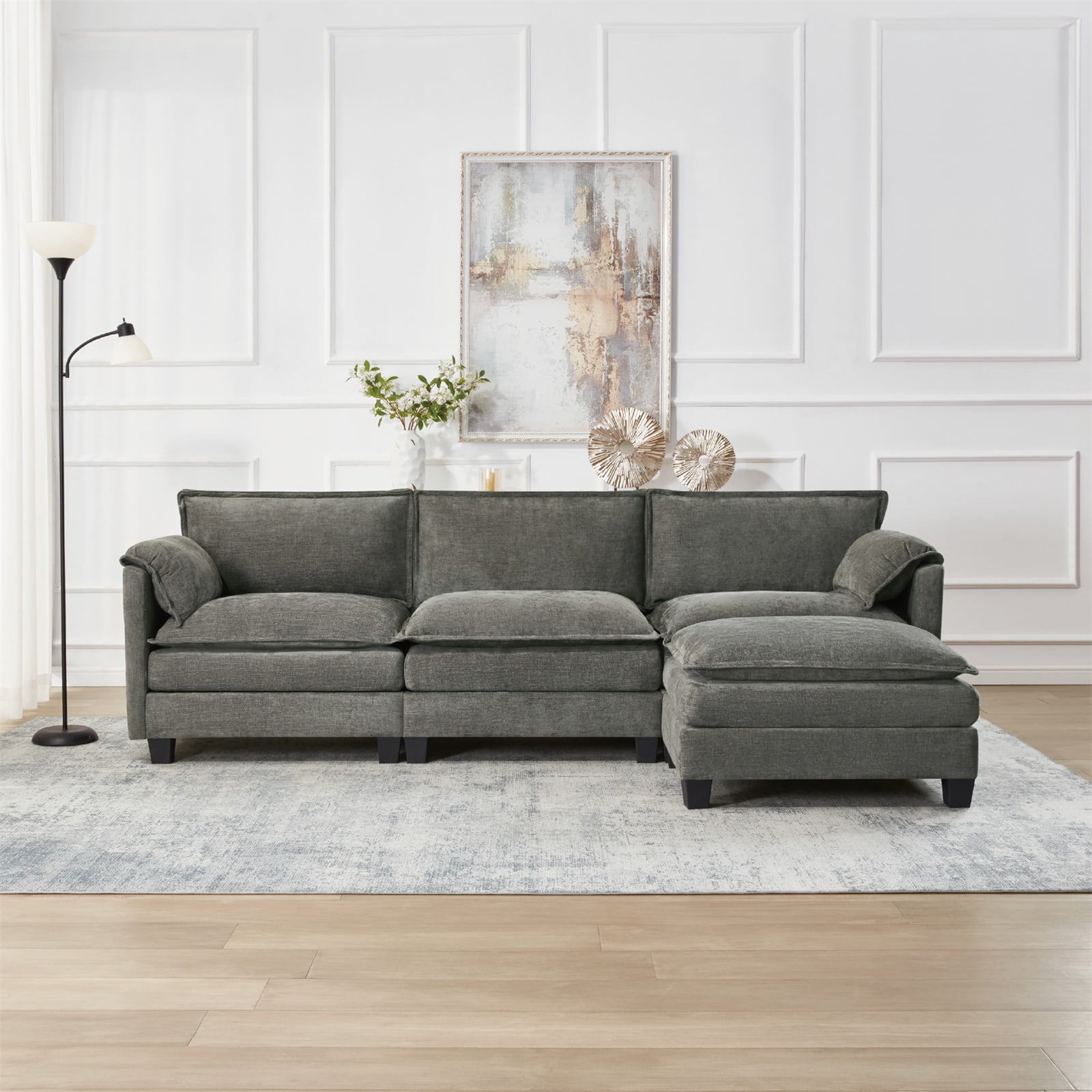 Hommoo 107-inch Cotton-Linen Velvet Texture L-shaped Sectional Sofa, 3 Seats Corner Sofa Set with Ottoman & Side Bag, Gray