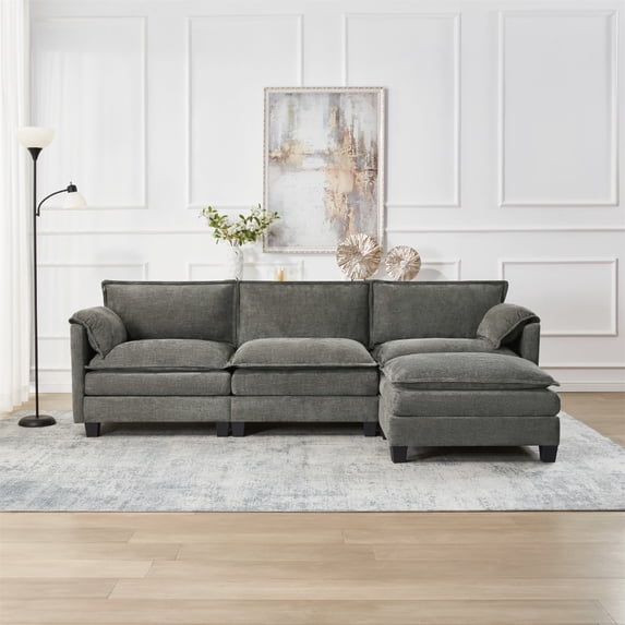 Hommoo 107-inch Cotton-Linen Velvet Texture L-shaped Sectional Sofa, 3 Seats Corner Sofa Set with Ottoman & Side Bag, Gray