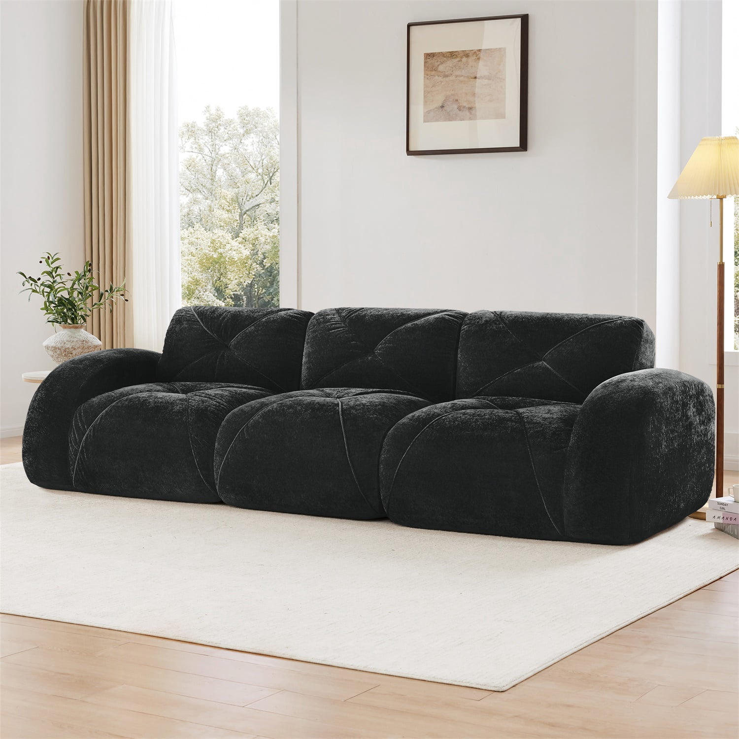 Hommoo 110" Boneless Sofa With Tufted, Luxruious Velvet Fabric Modular Sectional Sofa Couches, for Living Room Apartment, Black