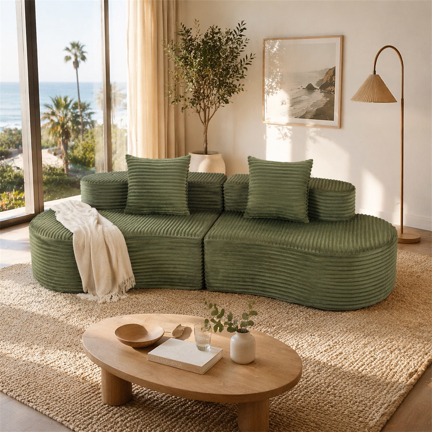Hommoo 110" Full Curved Compressed Sofa, Corduroy 2-Seater Cloud Couch Upholstered Sofa with 2 Lumbar Pillows, for Living Room & Bedroom, Green