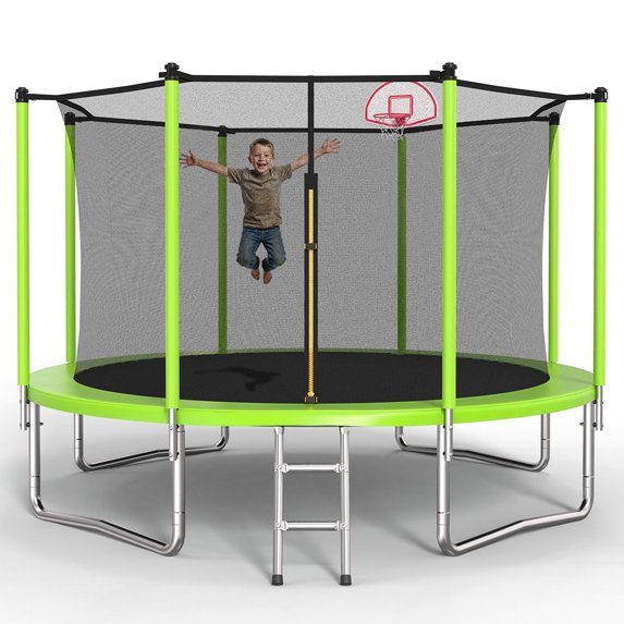 Hommoo 12FT Trampoline, Outdoor Recreational Trampoline with Basketball Hoop and Ball,Safety Enclosure,Fast Assembly for Backyard Fun,ASTM Approved, Green