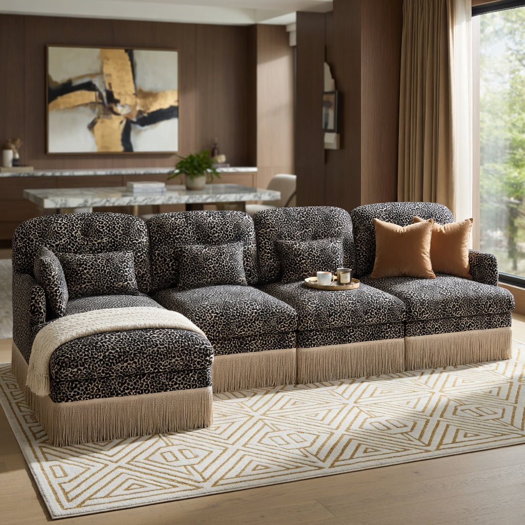Hommoo 131" Leopard Print Chenille L-Shaped Sectional Sofa with Movable Ottoman, Tassel Trim, Ergonomic Support & Easy Assembly, Modern Living Room Set, khaki
