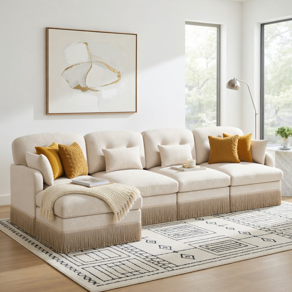 Hommoo 131" Leopard Print Chenille L-Shaped Sofa Set with Movable Ottoman, Tassel Trim & Ergonomic Deep Seat, Modern Living Room Sectional, Beige