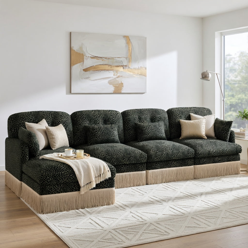 Hommoo 131" Modern Leopard Print Chenille L-Shaped Sofa Set with Movable Ottoman, Tassel Trim & Ergonomic Deep Seat, 4-Seat Modular Living Room Sofa, Green Black
