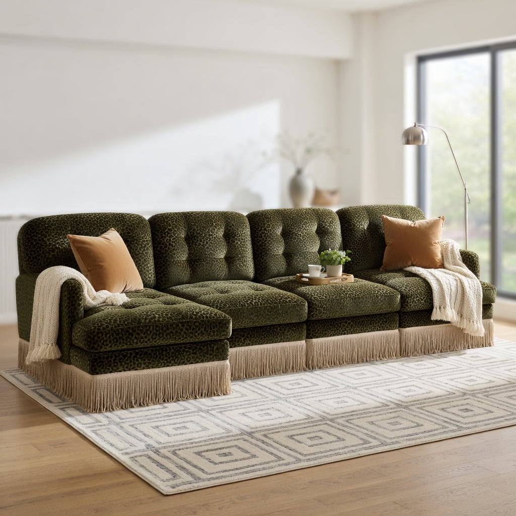 Hommoo 131" Modern Modular Leopard Print Chenille 4-Seat Sectional Sofa with Tassel Trim, Deep Ergonomic Seating & Easy Snap-Together Assembly, Green Black