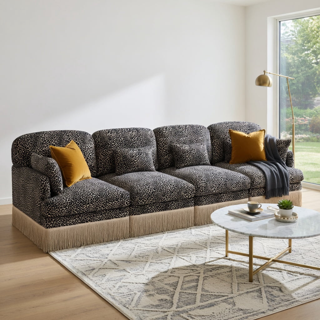 Hommoo 131" Modular Leopard Print Chenille 4-Seat Sectional Sofa, Tassel-Trimmed, Deep Seat, Ergonomic Support, Easy Assembly for Living Room, khaki
