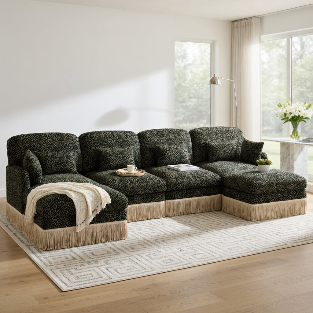 Hommoo 131" U-Shaped Chenille Leopard Print Sofa Set with Movable Ottomans, Tassel Trim & Ergonomic Deep Seat, Modern Living Room Sectional, Green Black