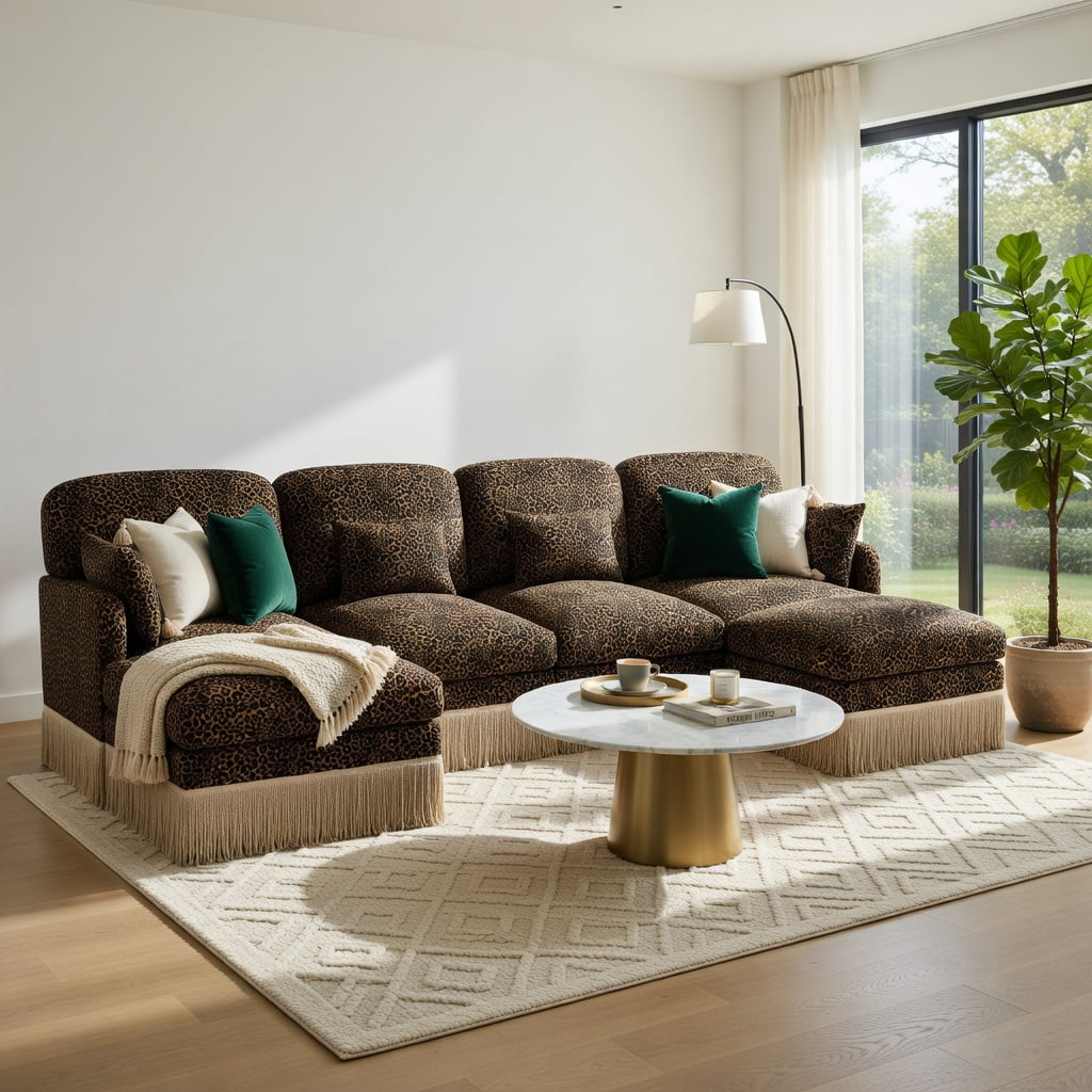Hommoo 131" U-Shaped Chenille Sofa Set with Leopard Print, Movable Ottomans, Tassel Trim & Ergonomic Deep Seat, Modern Living Room Sectional, Brown