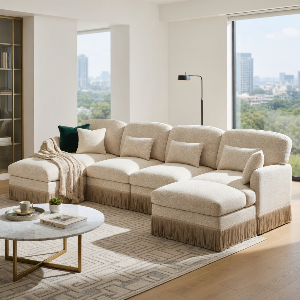 Hommoo 131" U-Shaped Leopard Print Chenille Sofa Set with Movable Ottomans, Tassel Trim & Ergonomic Deep Seat Design, Modern Living Room Sectional, Beige