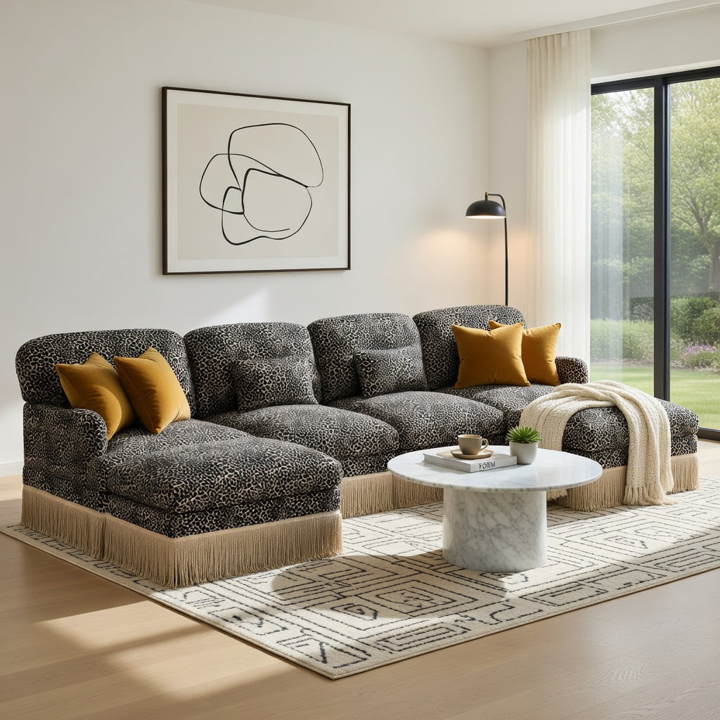 Hommoo 131" U-Shaped Modular Leopard Print Chenille Sofa Set with Tassel Trim, Movable Ottomans & Ergonomic Deep Seat Design, Living Room Sectional, khaki