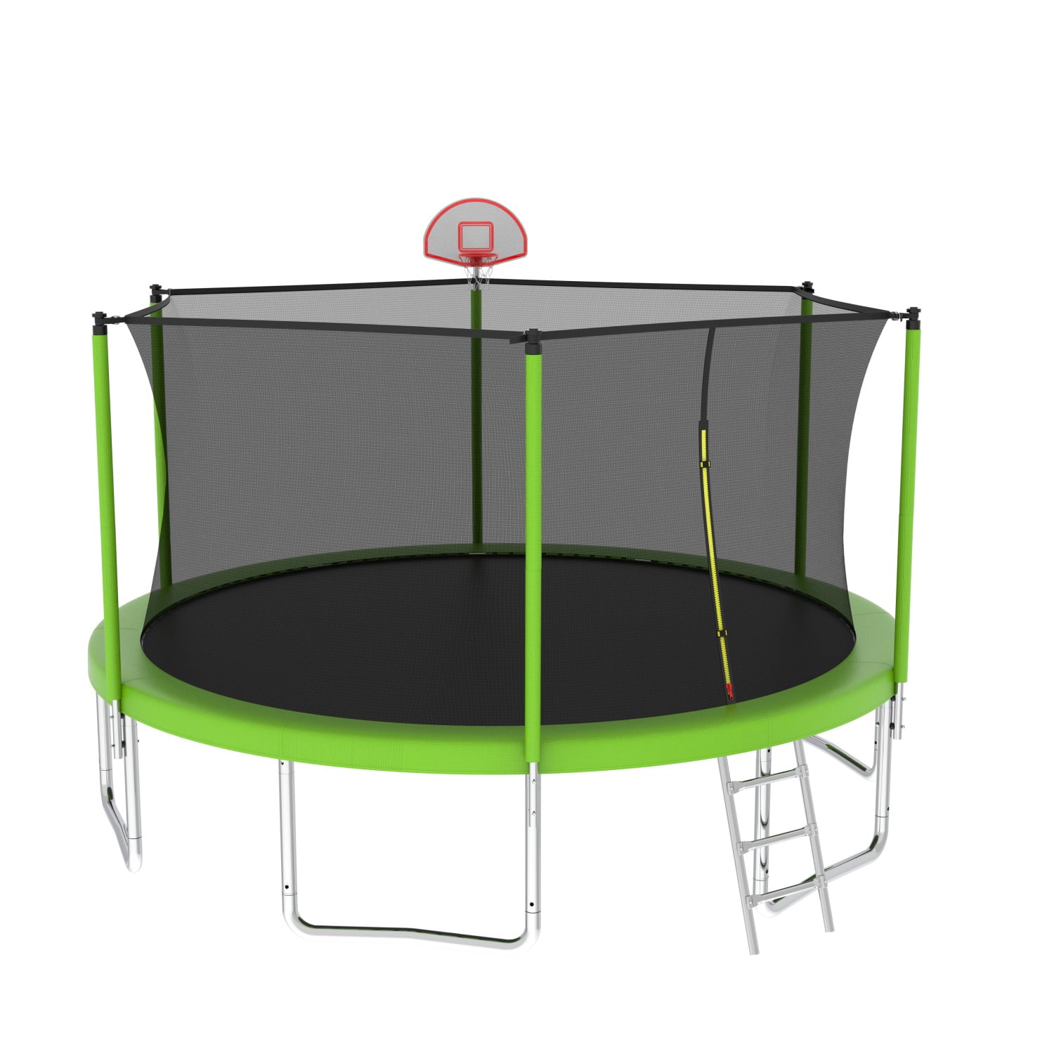 Hommoo 14FT Trampoline for Kids, Outdoor Backyards Large Recreational Trampoline with Basketball Hoop and Ladder, Safety Enclosure Net, Green