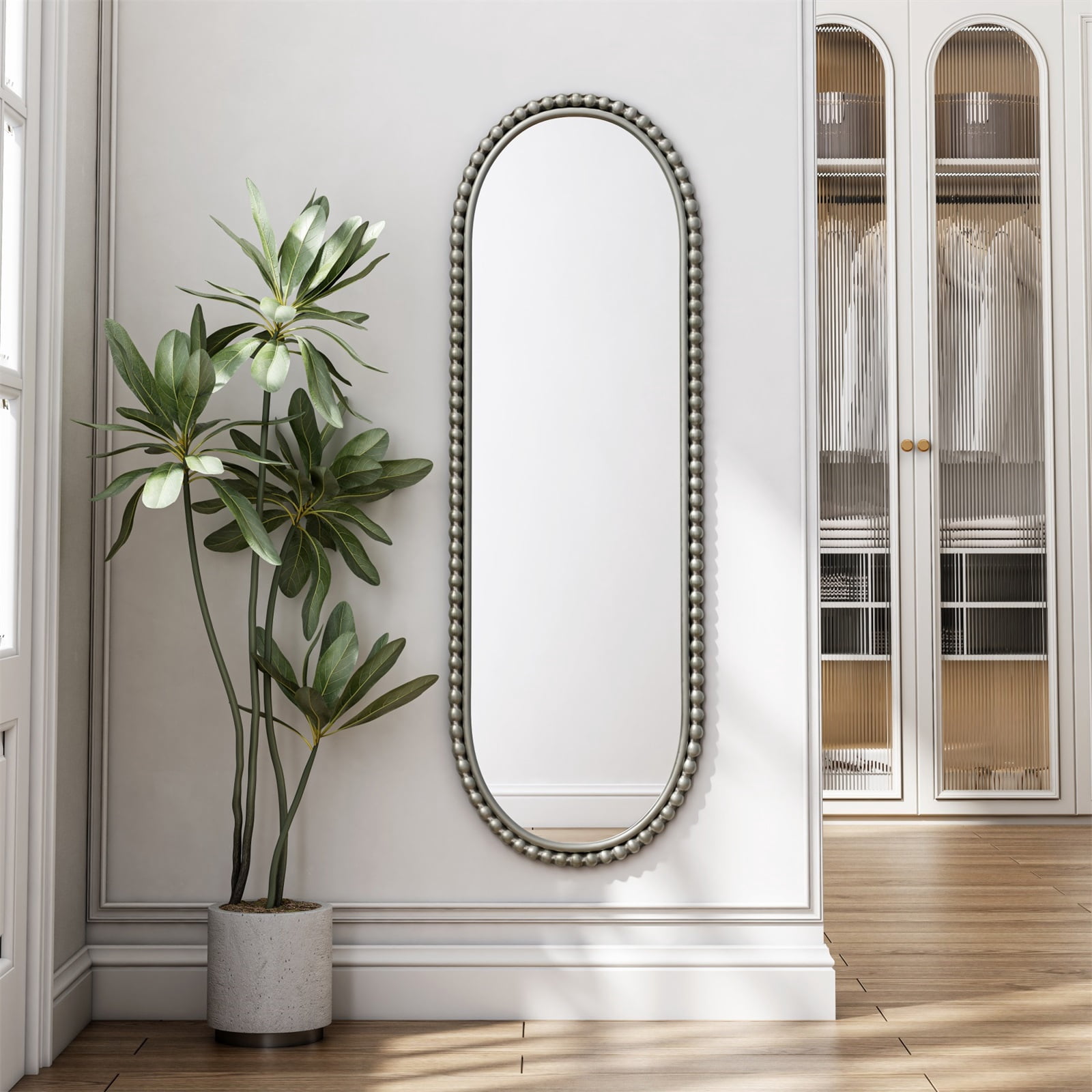 Hommoo 15" x 47" Modern Iron Art Oval Mirror, Capsule-Shaped Accent Mirror, Wall Mounted Mirror for Entryway, Living Room & Bathroom, Silver