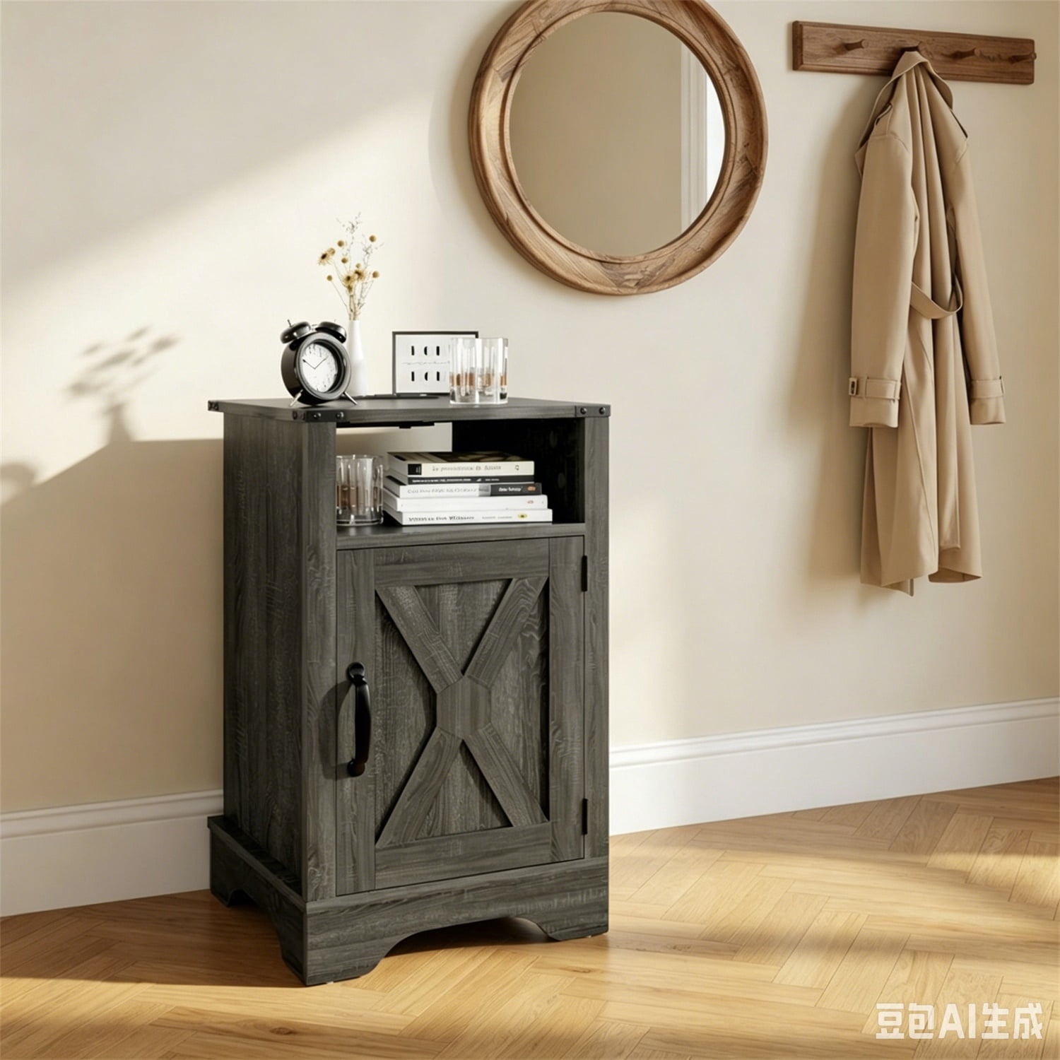 Hommoo 16"W Farmhouse Nightstand Sofa Side Table with Charging Station & Shelf Storage, Dark Gray