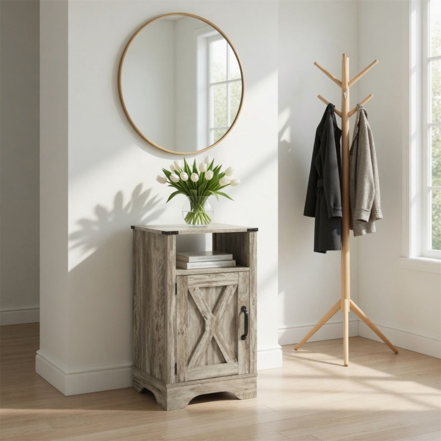 Hommoo 16"W Farmhouse Nightstand Sofa Side Table with Charging Station & Shelf Storage, Light Gray