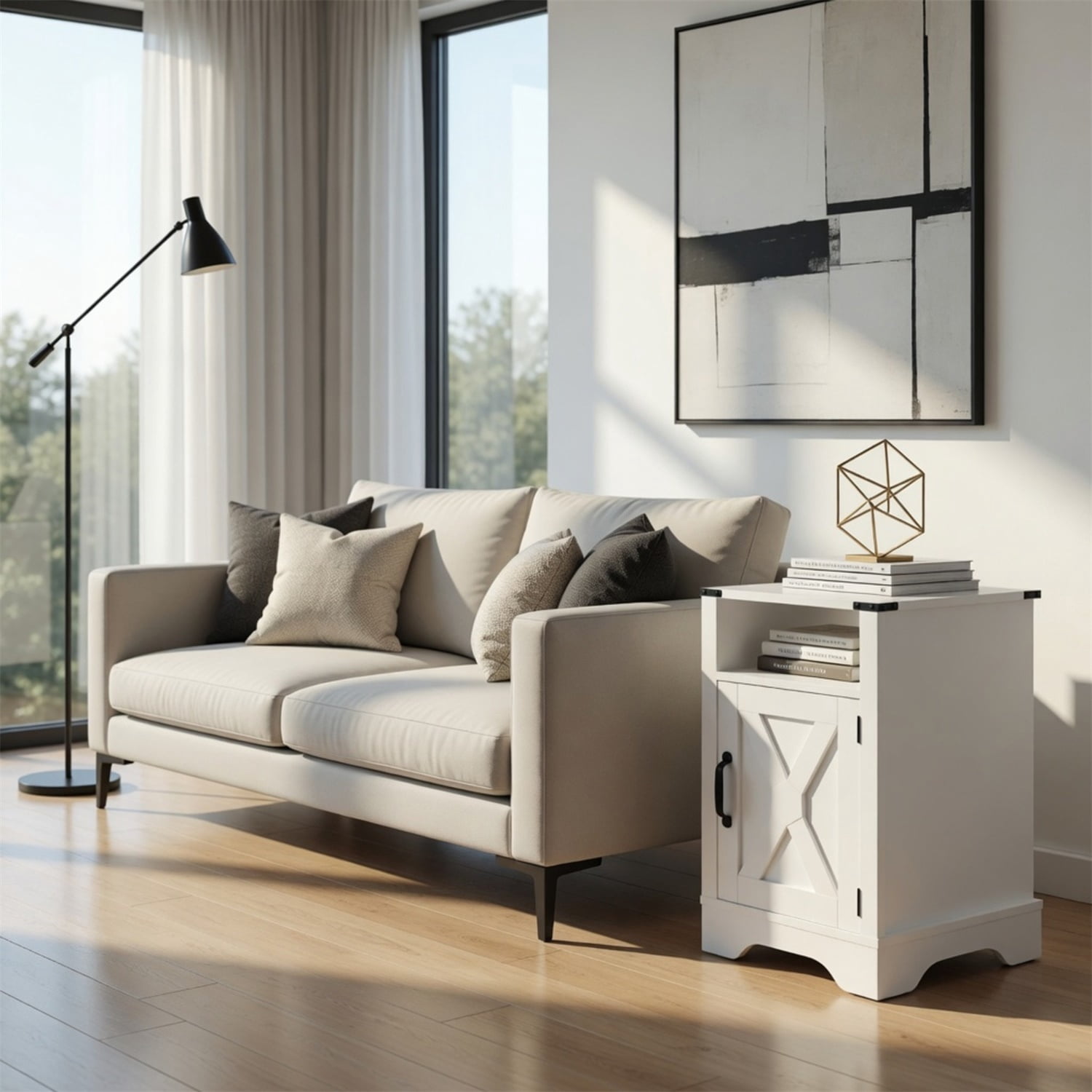 Hommoo 16"W Farmhouse Nightstand Sofa Side Table with Charging Station & Shelf Storage, White