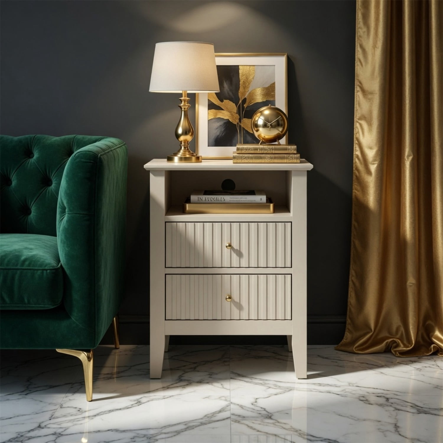 Hommoo 18"W Wooden Fluted Nightstand Set of 2,with 2 Drawers & Open Shelf, Modern Bedroom Sofa Side Table, Beige