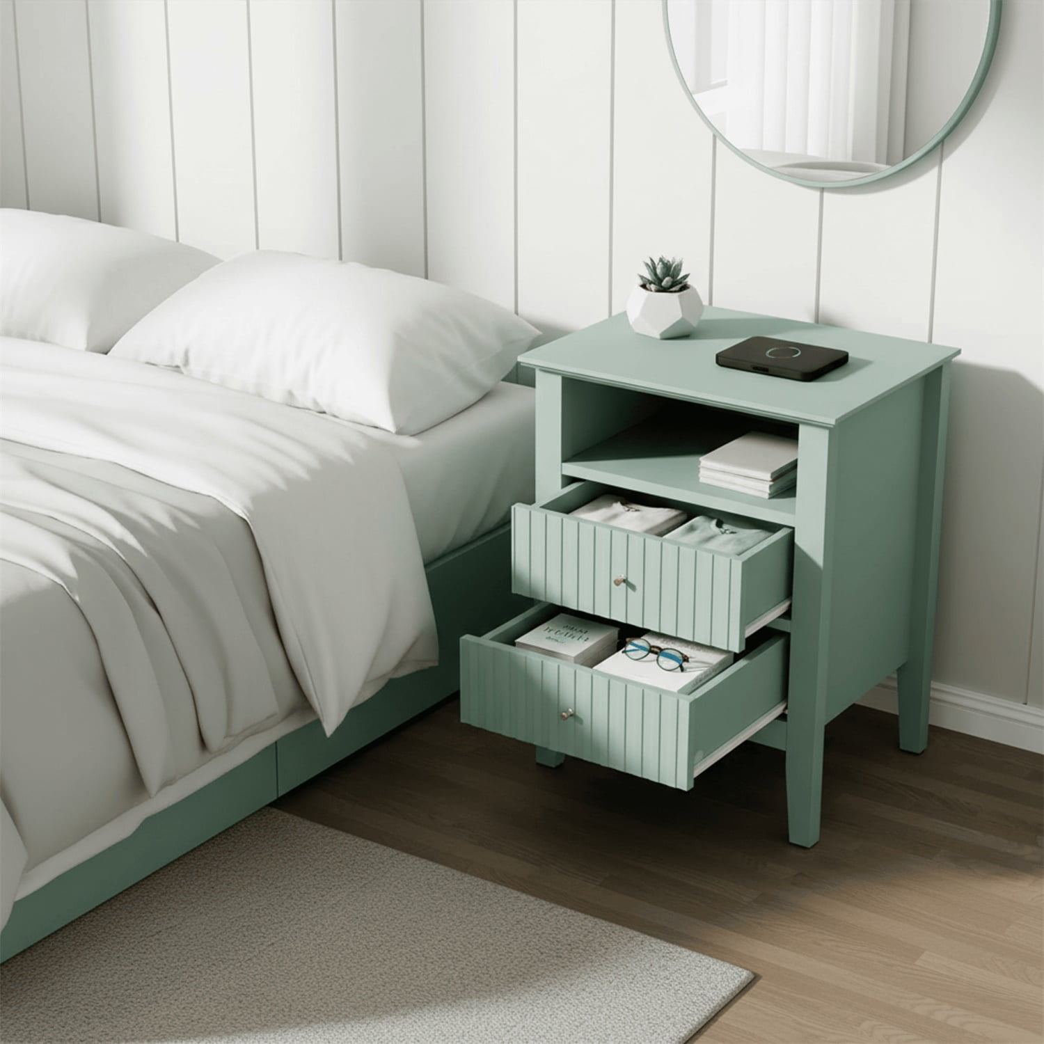 Hommoo 18"W Wooden Fluted Nightstand Set of 2,with 2 Drawers & Open Shelf, Modern Bedroom Sofa Side Table, Green