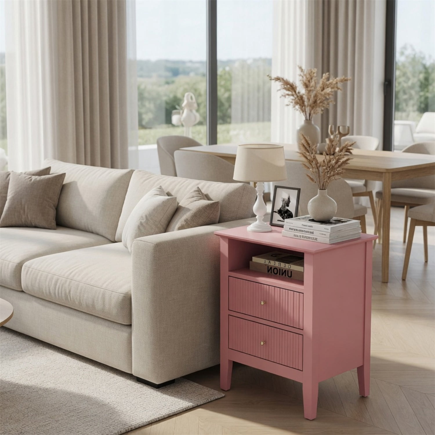 Hommoo 18"W Wooden Fluted Nightstand Set of 2, with 2 Drawers & Open Shelf, Modern Bedroom Sofa Side Table, Pink