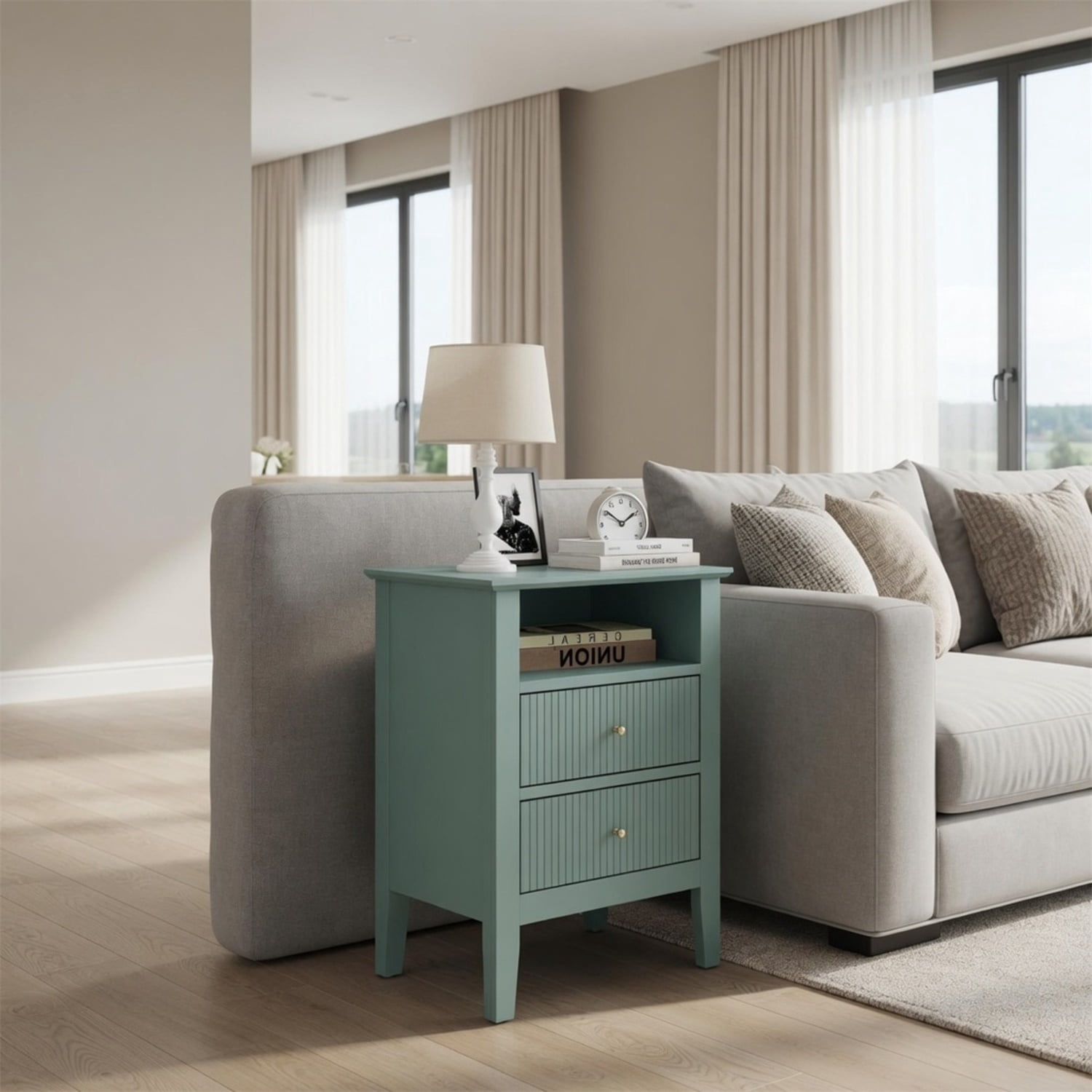 Hommoo 18"W Wooden Fluted Nightstand with 2 Drawers & Open Shelf, Modern Bedroom Sofa Side Table, Green