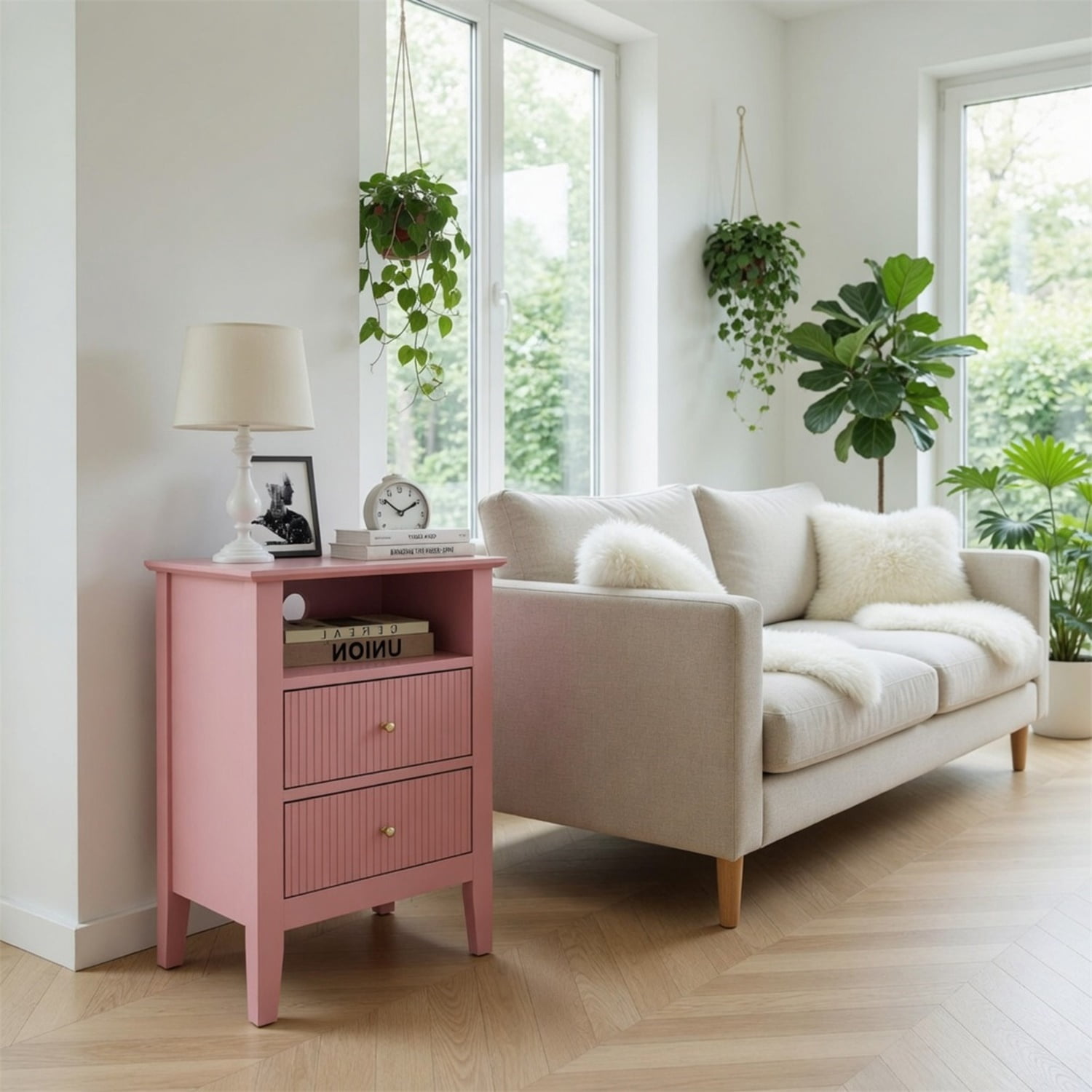 Hommoo 18"W Wooden Fluted Nightstand with 2 Drawers & Open Shelf, Modern Bedroom Sofa Side Table, Pink