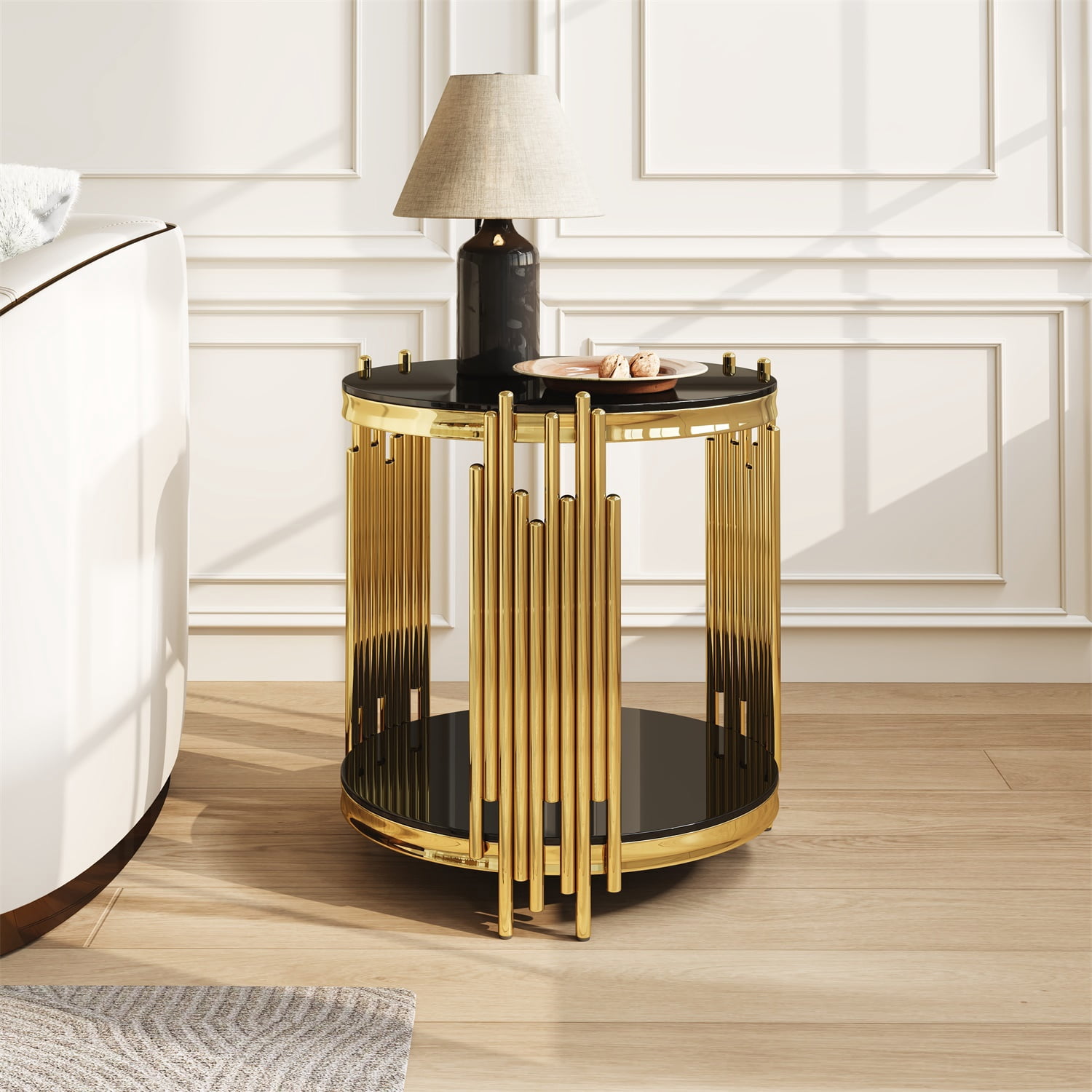 Hommoo 19.7 Inch Round and 2-Tier Glass End Table, Modern Luxury Tempered Glass Side Table with Stainless Steel Legs for Living Room, Bedroom & Home Office, Black & Gold