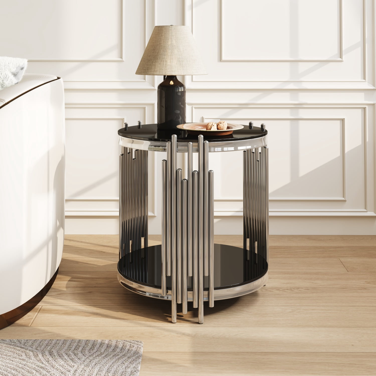 Hommoo 19.7" Round 2-Tier Glass End Table, Tempered Glass Top & Stainless Steel Legs, Modern Luxury Side Table for Living Room, Bedroom or Home Office, Black & Sliver