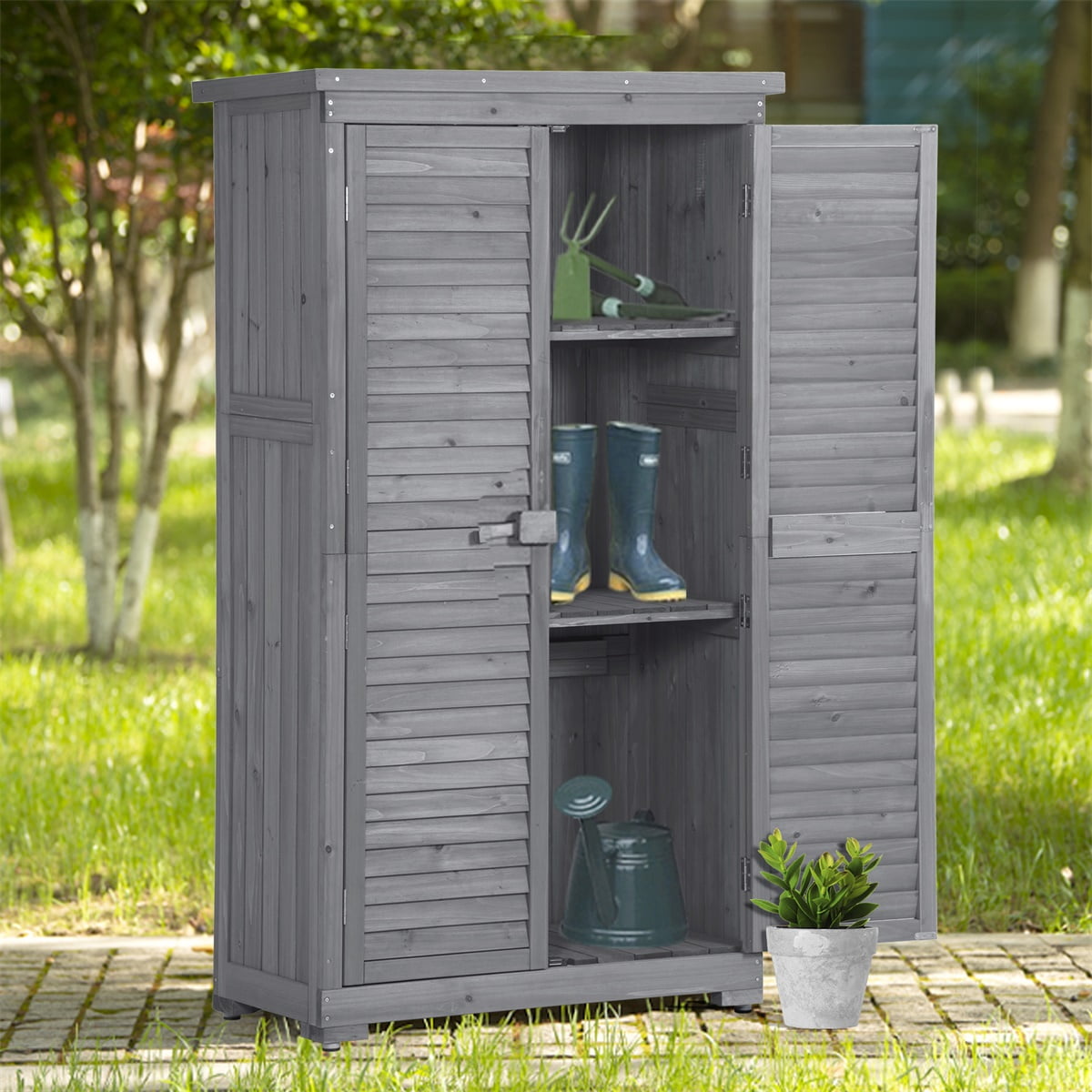Hommoo 2.85 x 1.52 ft. 3-Tier Wood Storage Shed, Gray