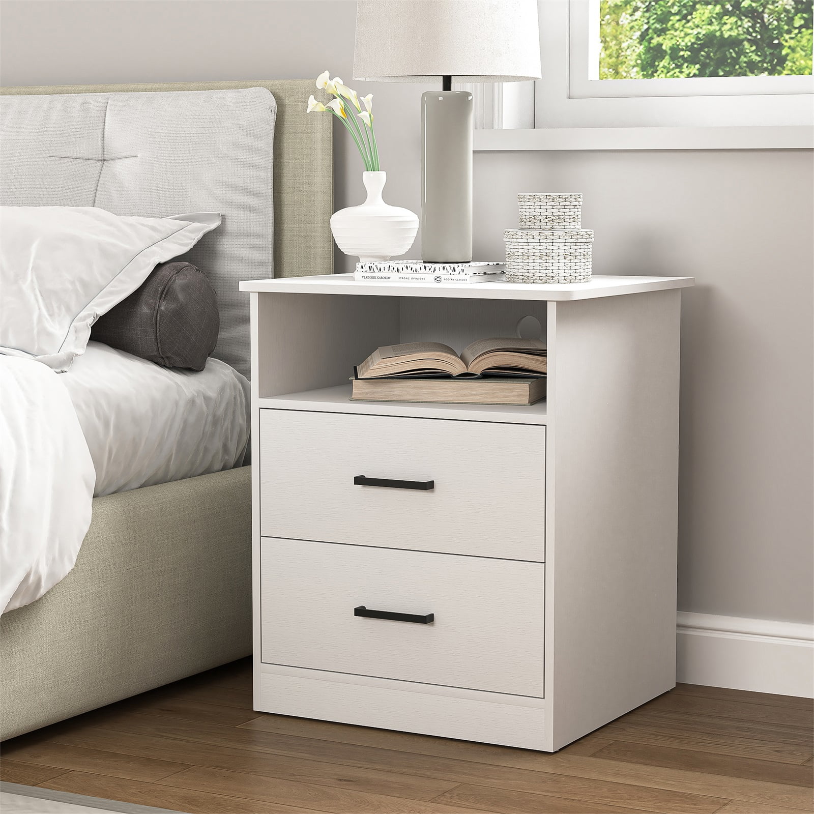 Hommoo 2 Drawer Nightstand Set with Open Storage, Bedside Tables with USB, White