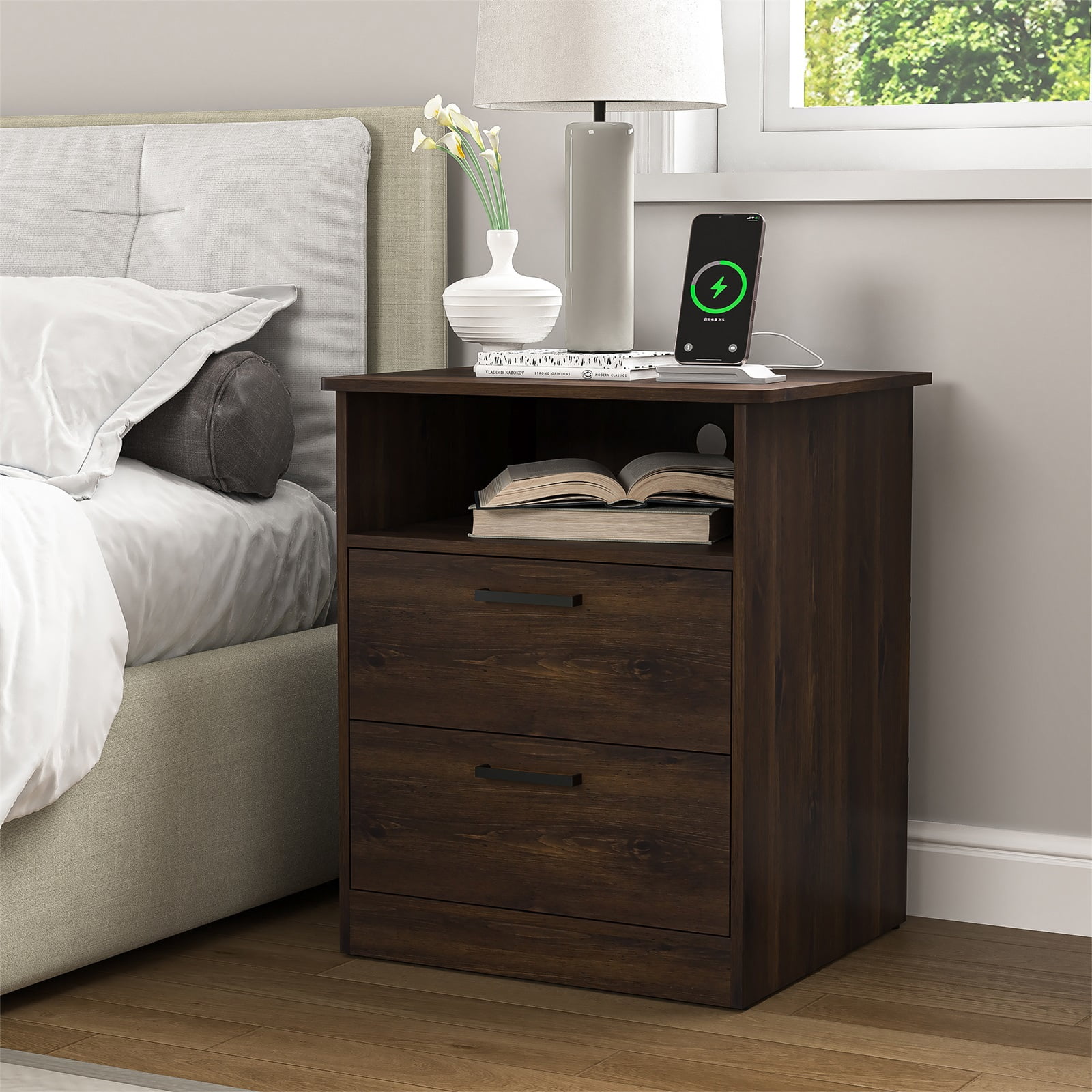 Hommoo 2 Drawer Nightstand with Open Storage, Bedside Table with USB, Brown
