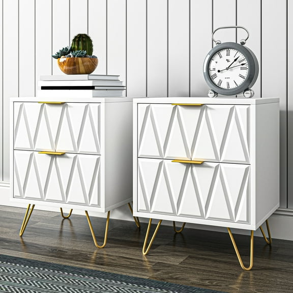Hommoo 2 Drawers Nightstand Set, Modern Bedside Table Set with Metal Leg, Accent End Side Table for Living Room & Bedroom, White