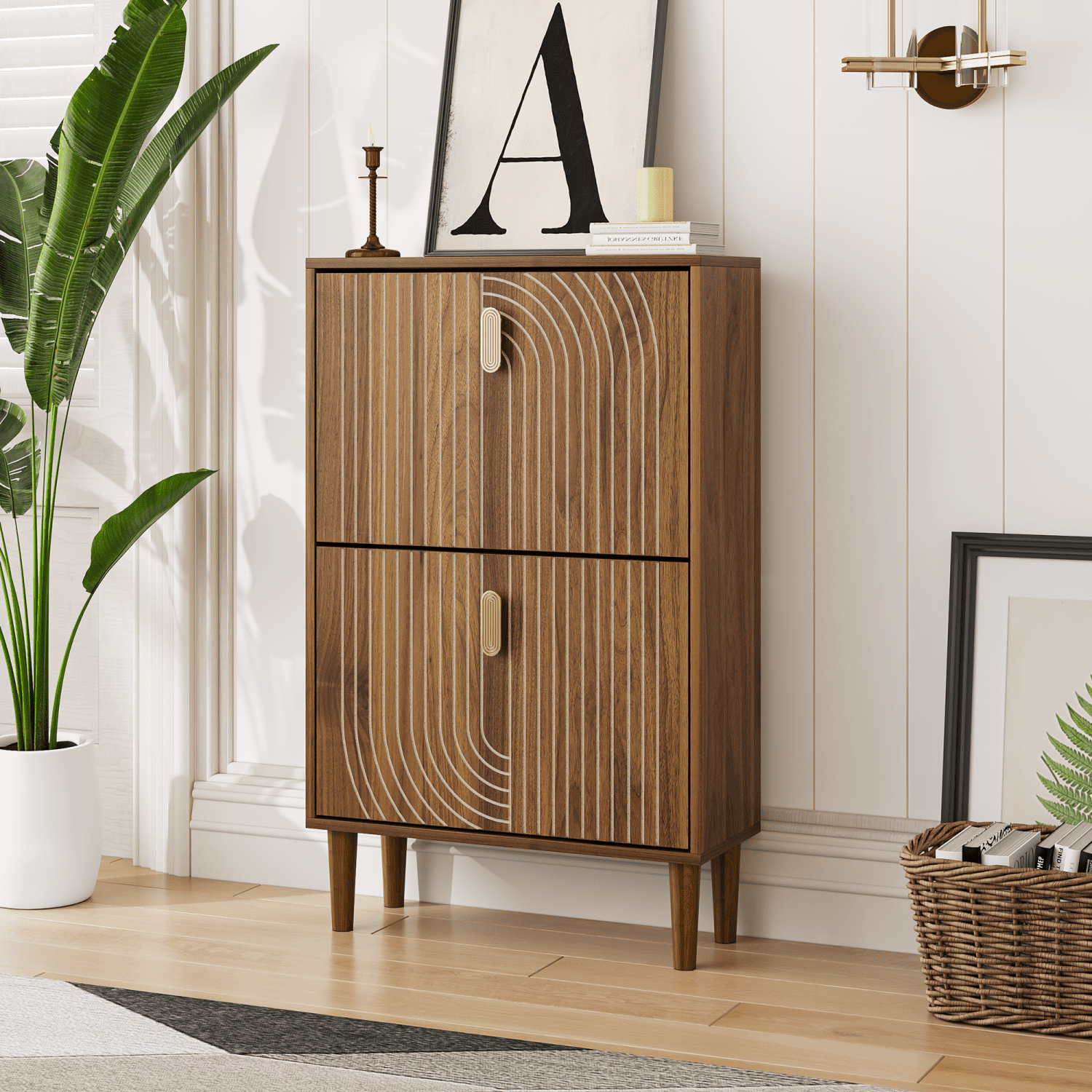 Hommoo 2 Flip Drawers Shoe Storage Cabinet, Freestanding Shoe Cabinet with Metal Handles & line groove design, Shoe Rack Cabinet, Walnut
