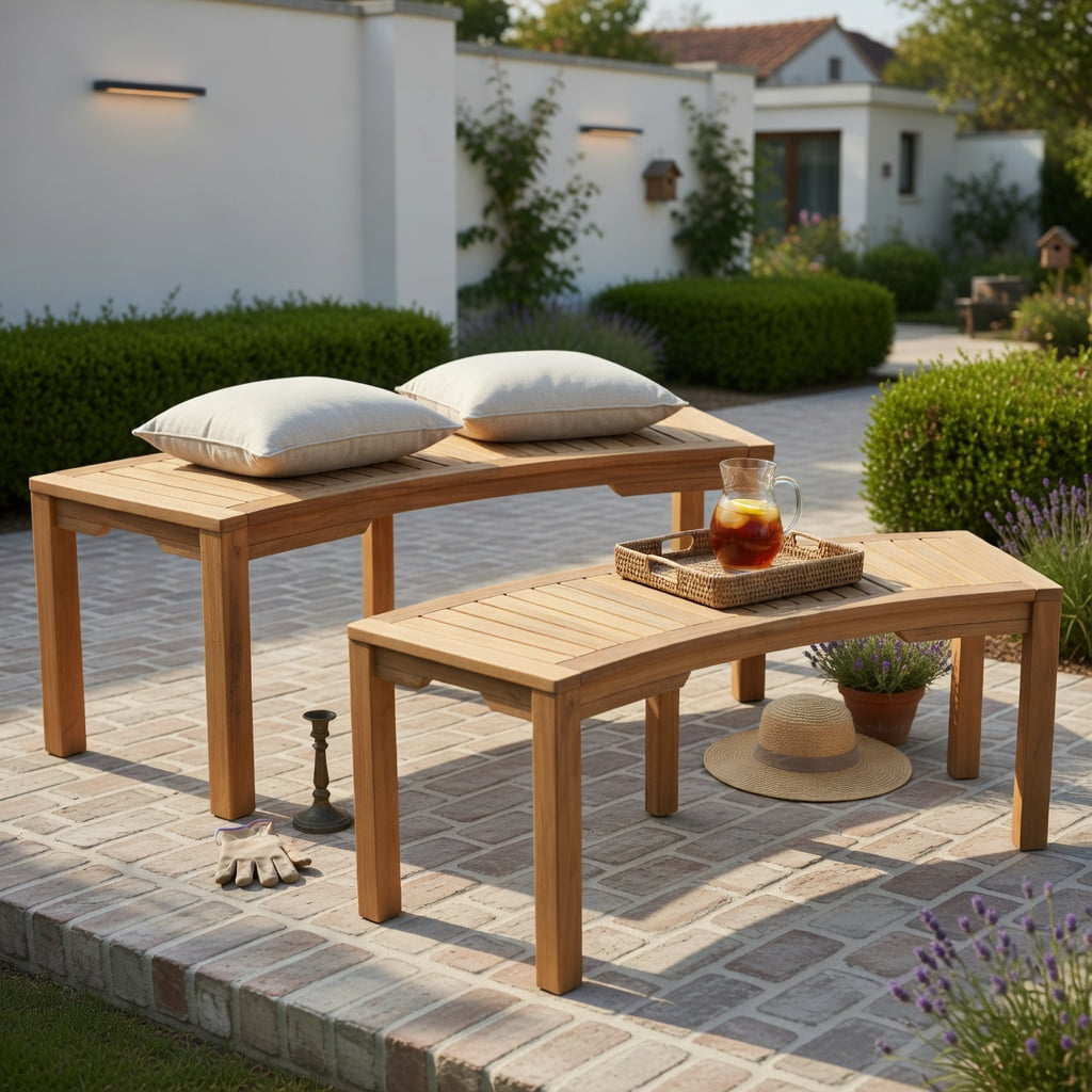 Hommoo 2-Pack Acacia Wood Outdoor Garden Bench Set, Curved 2-Person Backless Patio Benches, Easy Assembly for Deck, Porch & Balcony, Natural
