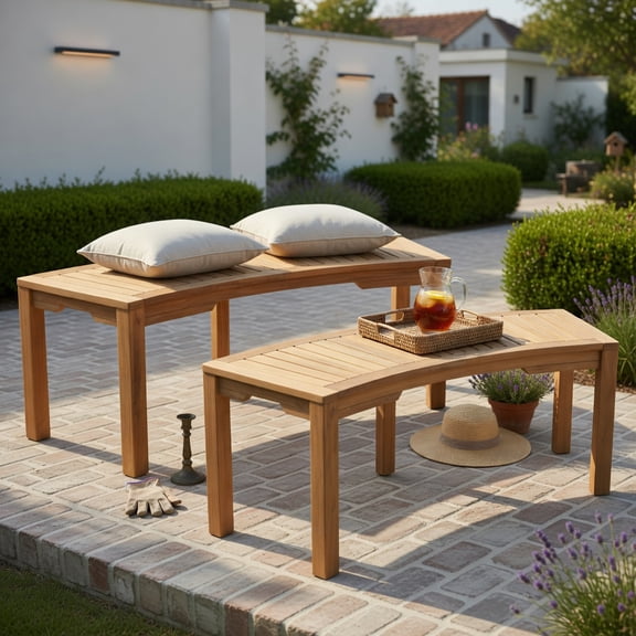 Hommoo 2-Pack Acacia Wood Outdoor Garden Bench Set, Curved 2-Person Backless Patio Benches, Easy Assembly for Deck, Porch & Balcony, Natural