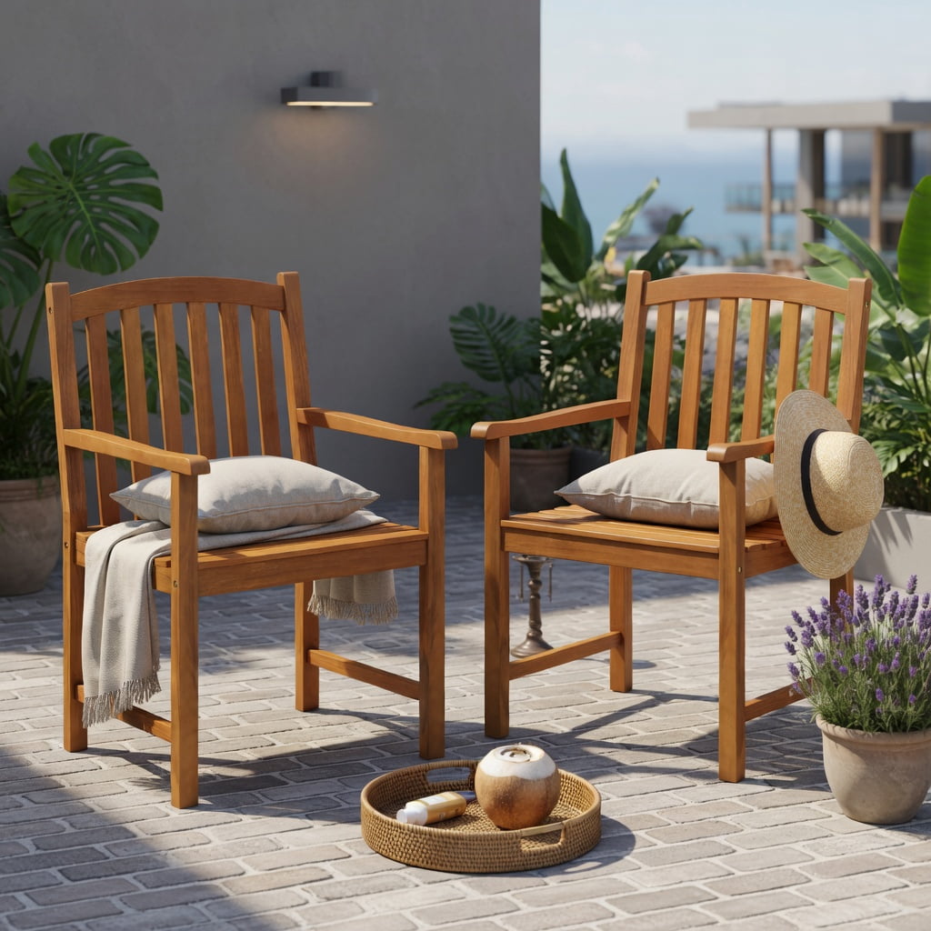 Hommoo 2-Pack Acacia Wood Outdoor Patio Chairs, Slatted Ventilated Seat, Ergonomic Inclined Backrest & Reinforced Frame for Porch, Balcony, Garden & Poolside, Natural