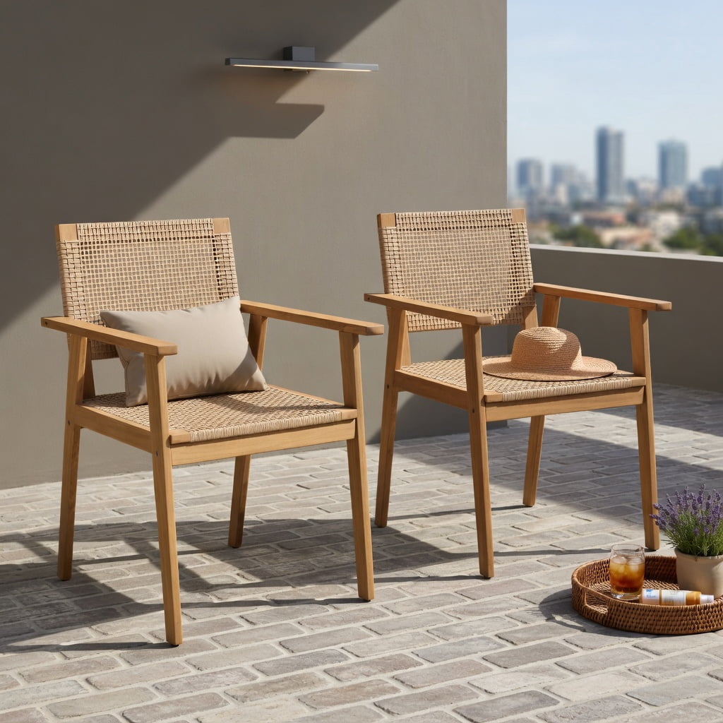 Hommoo 2-Pack Acacia Wood & PE Rattan Outdoor Dining Chairs, Weather-Resistant Patio Chairs with Ergonomic Backrest, Sturdy Armrests, Natural