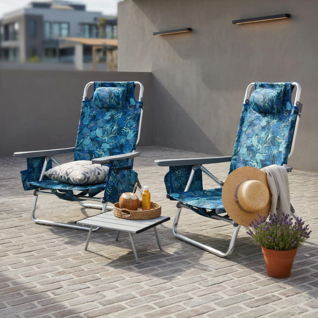 Hommoo 2-Pack Adjustable 5-Position Aluminum Beach Chair Set with Folding Side Table， Lightweight Portable Camping & Outdoor Reclining Chairs, Multicolor