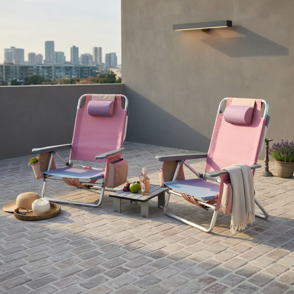 Hommoo 2-Pack Adjustable 5-Position Aluminum Beach Chair Set with Folding Side Table, Lightweight Portable Camping & Outdoor Reclining Chairs, Pink